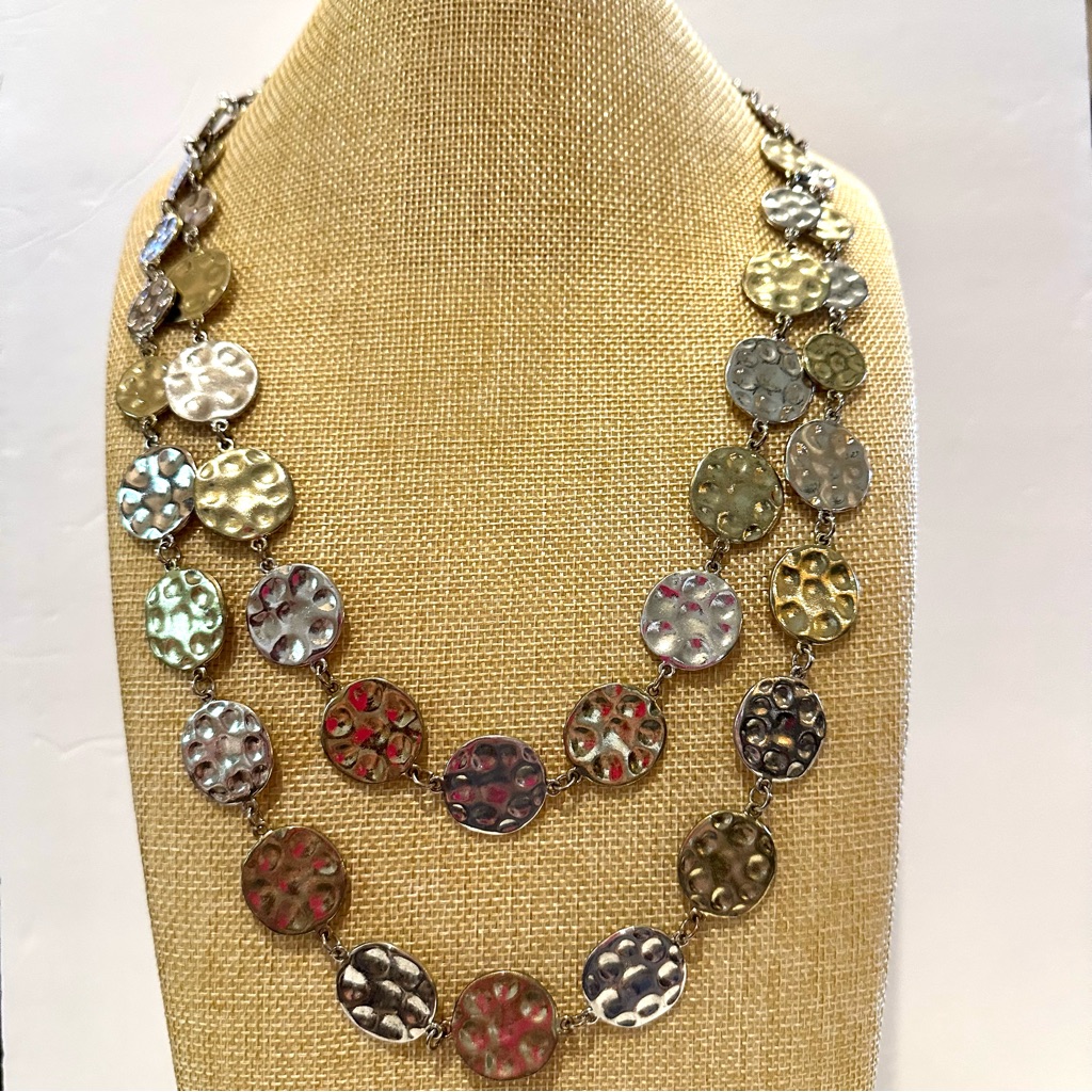 Chicos Necklace Silver  Gold Twotone Hammered Circles Double Strand